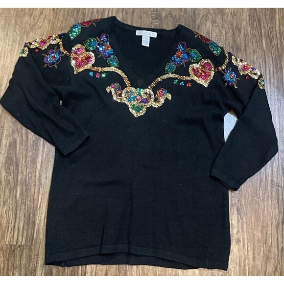 Vtg Claudia D. Sequin Flower Sweater Women’s M Black Shoulder Pads Multicolored - Picture 1 of 7
